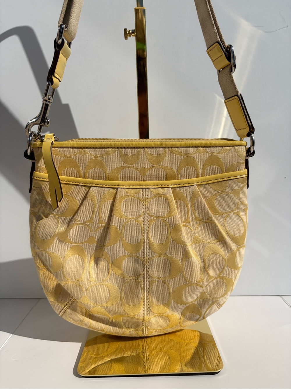 Vintage COACH Yellow Signature C Pleated Hobo Shoulder Bag Canvas Leather Y2K